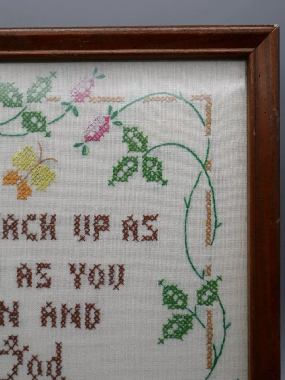 Vtg Framed Completed Cross Stitch Sampler Wall Art God Will Reach Down Religious